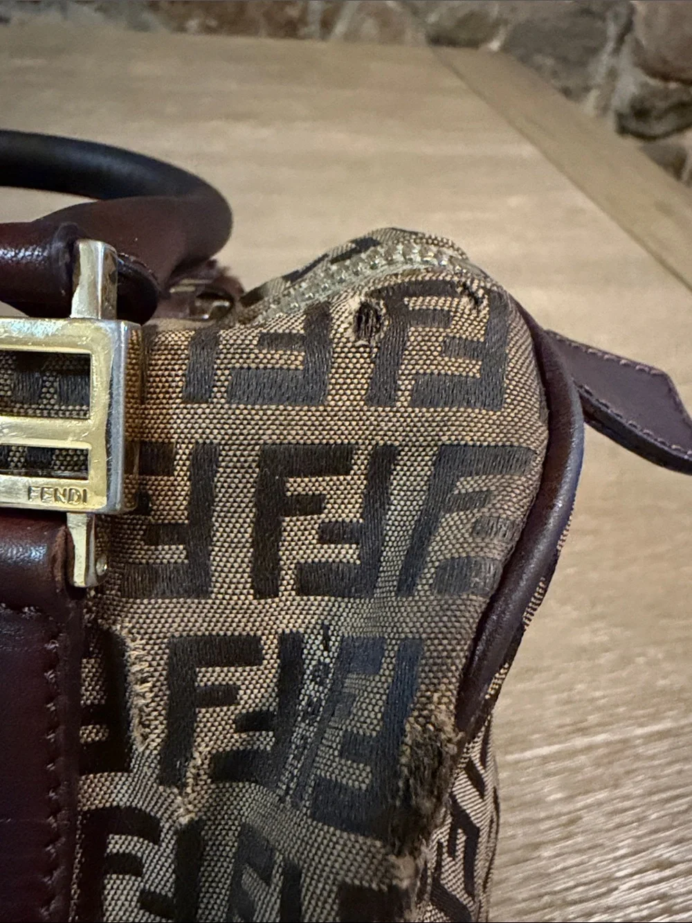 Fendi Brown Zucca Logo Canvas Satchel with Dark Brown Leather Trim